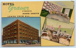 FARGO, ND North Dakota~ Roadside Roadside HOTEL GRAVER 1955  Linen  Postcard