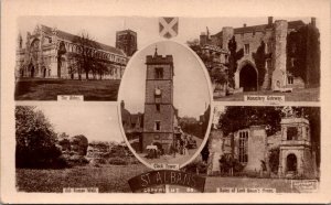 England St Albans Abbey Clock Tower Monastery Gateway Old Roman Wall and Ruin...