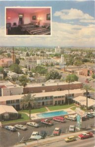 Mesa AZ Maricopa Inn Motor Hotel, Aerial View,  3 E Main St, Old Cars, Postcard