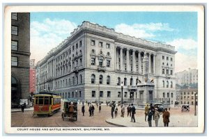 c1920 Court House & Battle Monument Tramway Classic Cars Baltimore MD Postcard