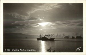 Alaska - Fishing Ship in Setting Sun Schallerer Real Photo Postcard