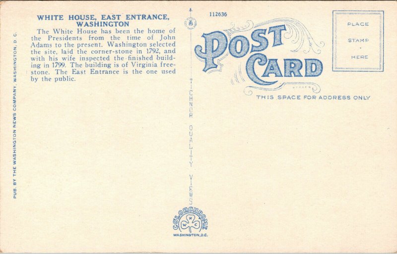 Vtg 1920s White House East Entrance Washington DC Unused Postcard