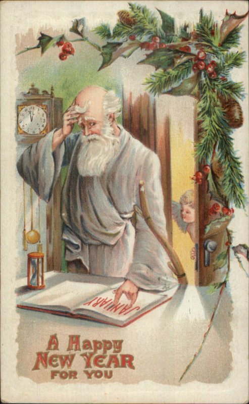 New Year - Father Time Hourglass Book Clock c1910 Postcard - Embossed