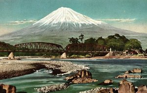 1920s JAPAN VIEW FROM CAR WINDOW AT RIVER FUJI BRIDGE POSTCARD P1438