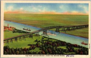 Aerial Port Arthur Bridge Over Neches River Texas Vintage Linen Postcard Y09