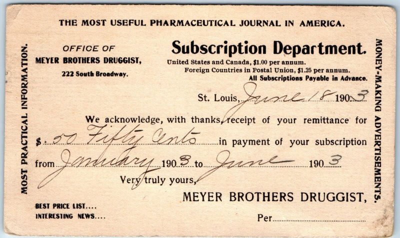 1903 Meyer Brothers Druggist Pharmaceutical Journal Subscription Post Card A74