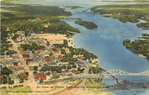 Linen Postcard; Air View of Clinton IA & Mississippi River, Bridges, Unposted