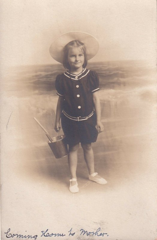 RP; Coming Home To Mother, Portrait Of Girl On The Beach, 1900-1910s