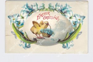 PPC POSTCARD EASTER GREETINGS CHICK WITH BASKET OF FLOWERS EMBOSSED 