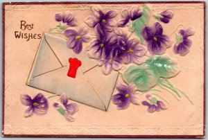 Best Wishes, Embossed Purple Violet Flowers, Sealed Envelope, Vintage Postcard