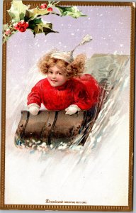 Girl in red coat white hat gloves on sled toboggan Dennison's Christmas Post ...