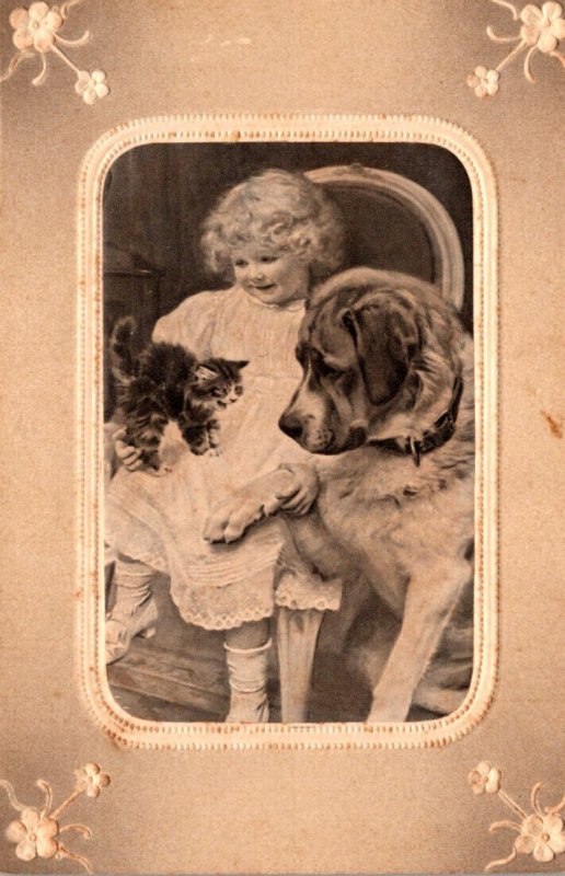 Young Girl With Dog and Kitten