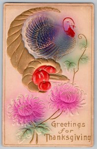 1910's THANKSGIVING TURKEY GOLD CORNICOPIA AIRBRUSHED EMBOSSED POSTCARD