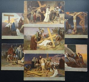 Christ Crucifixion 7 x STATIONS OF THE CROSS 1930s Postcards Gebhard Fugel pinx