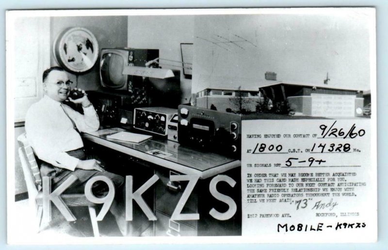 RPPC  ROCKFORD, IL ~ Ham Radio Setup K9KZS ~ Evert Andy Anderson 1960 Postcard