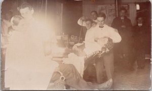 Nanton Alberta Barbershop Men Customers Barbers Haircuts RP Postcard H25 *as is