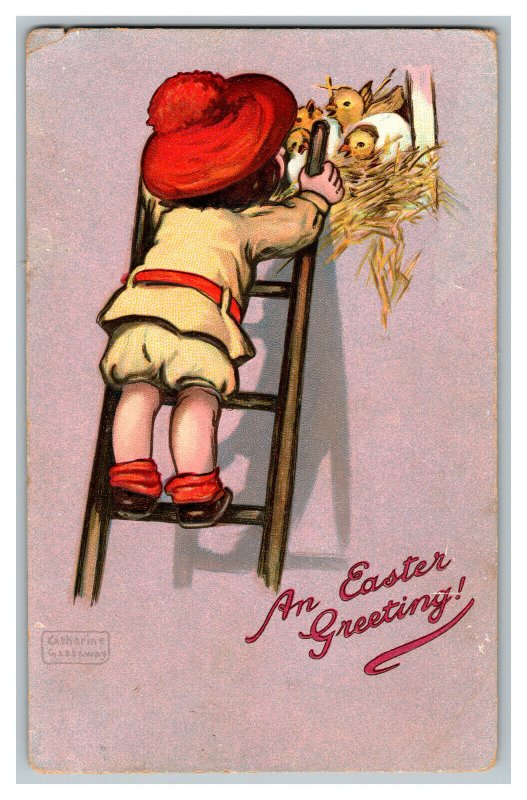 Postcard Boy On Ladder Looking At Chicks Vintage Standard View TUCK's Easter