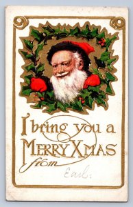 K9/ Santa Claus Christmas Postcard c1910 Smile Wreath Gold 49