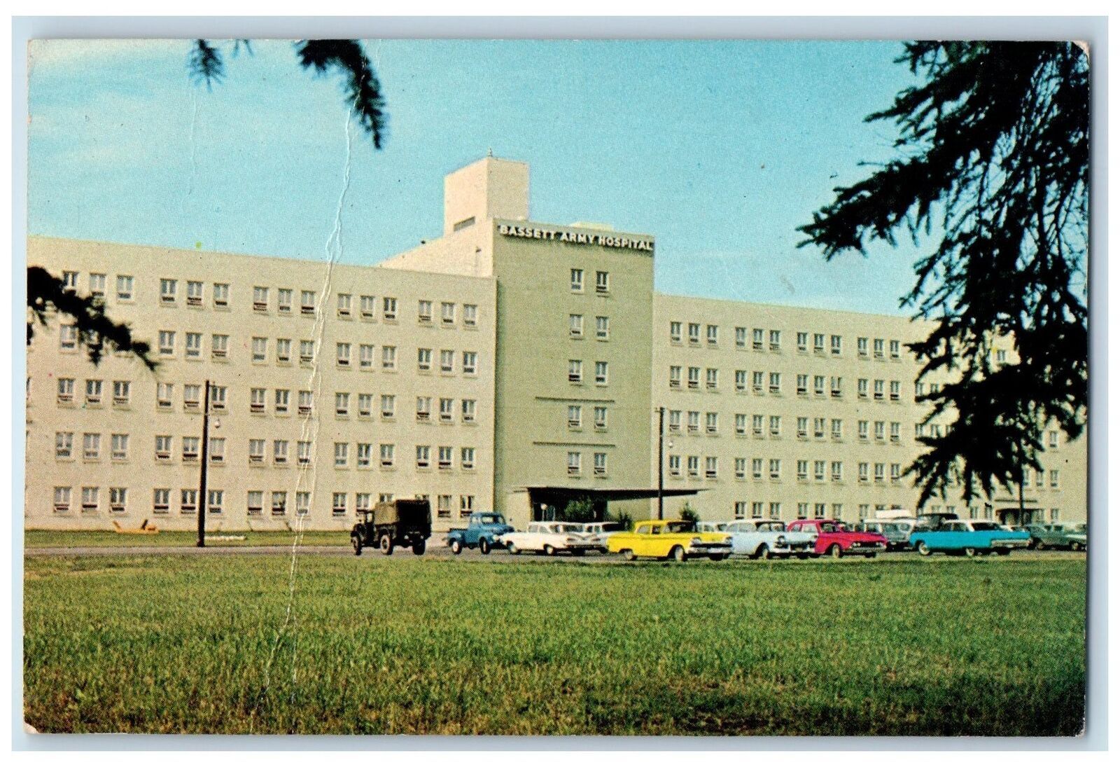 c1950's Bassett Army Hospital Building Cars Fort Wainwright Alaska AK Postcard United States