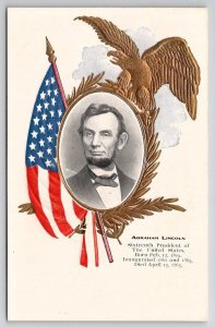 Abraham Lincoln Patriotic Golden Eagle American Flag Emb Postcard W26