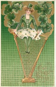 Embossed Winsch Schmucker St. Patrick's Day Postcard Irish Woman Sit on Harp