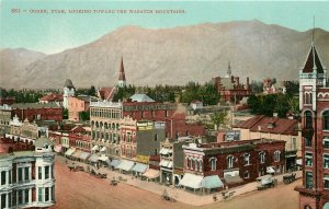 Mitchell Postcard 881 Ogden UT Business Section looking toward Wasatch Mountains