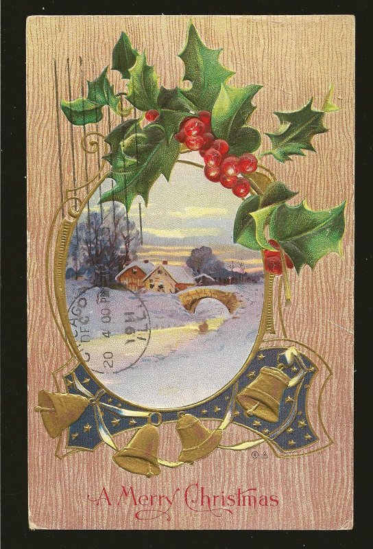 Postmarked 1911 Chicago Ill A Merry Christmas Embossed Color Postcard