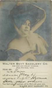 1908 Des Moines Iowa Boyt Saddlery advertising Woman RPPC Postcard 25-12315