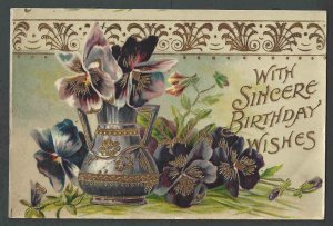 Ca 1908 PPC Birthday Wishes Embossed Celluloid W/Flowers In Gold & Purple Used