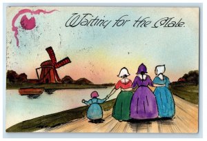 1909 Hand Painted Art Waiting for Male Dutch Women Windmill Child Postcard