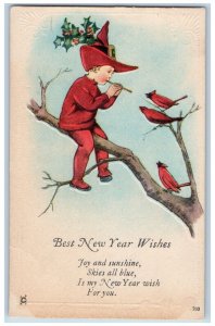 New Year Postcard Little Boy Flute Song Birds Holly Berries Embossed c1910's