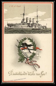 German WWI Navy SMS Elsass Patriotic Ship Flags Unused PC G87927