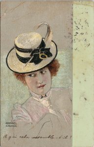 Raphael Kirchner Artist Signed Woman Lady w/ Hat Postcard G69 *as is