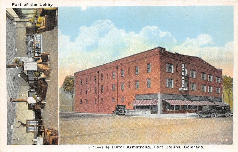 J6/ Fort Collins Colorado Postcard c1910 The Hotel Armstrong Lobby Interior 13