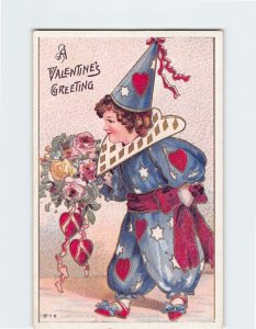 Postcard A Valentine's Greeting with Clown Boy Flowers Hearts Art Print