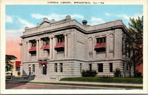 Vtg 1930's Lincoln Library Springfield Illinois IL Linen Postcard