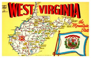 Postcard Map WV - West Virginia souvenir map Mountain State