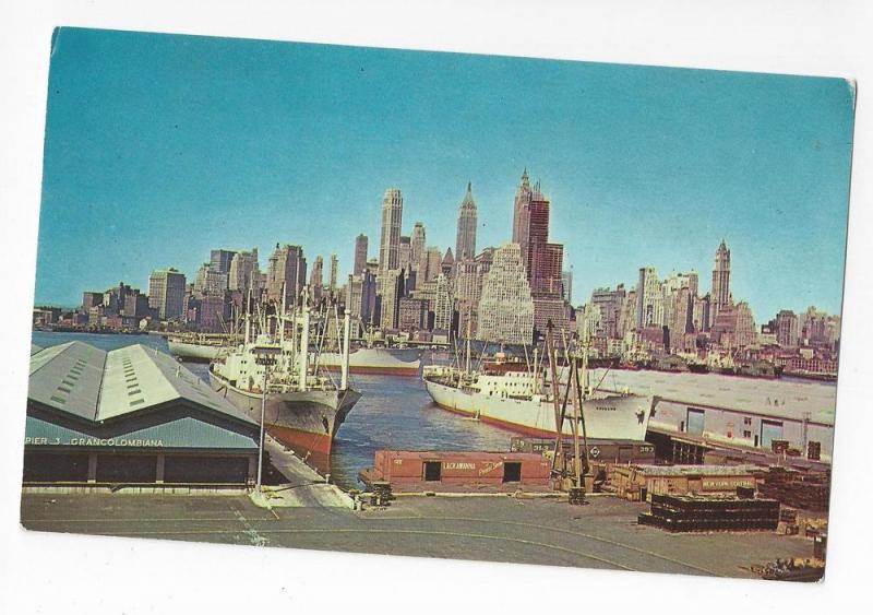 New York Manhattan Skyline East River Ship Docks Postcard