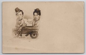 RPPC Young Men Tiny Deby Hats & Automobile Photomontage Studio Prop Postcard V21