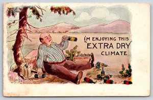 Comics~Enjoying This Extra Dry Climate~Man Drinking Wine In Desert~Vintage PC