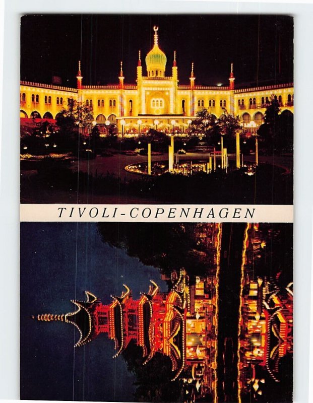 Postcard The Chinese Tower & Bazaar at Night Tivoli Copenhagen Denmark