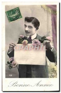 Postcard Happy New Year Old Man Flowers