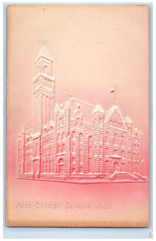 Post Office Building Detroit Michigan MI Embossed Airbrushed Antique Postcard