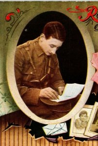 Vintage 1910's WW1 Valentines Postcard Soldier Writes Love Letter to his Girl