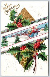 Merry Christmas Santa Claus Winter Snow Green Leaves Reindeer Greetings Postcard