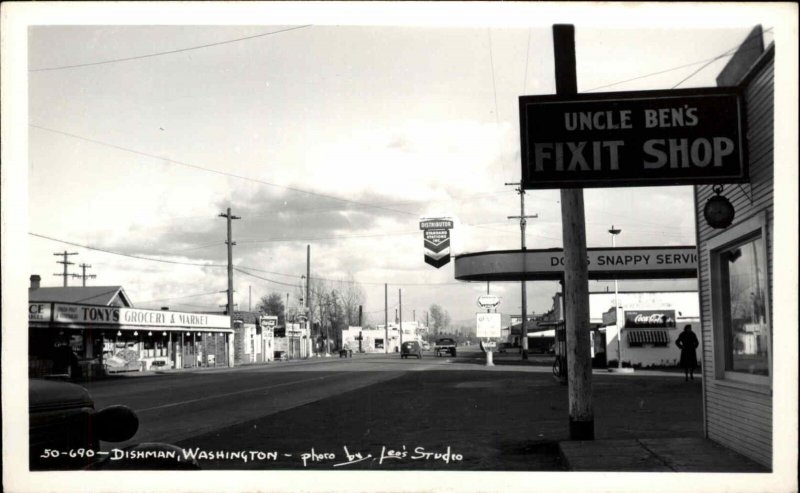 Dishman WA Uncle Ben's Fixit Shop & Tony's Grocery Store Real Photo Postcard