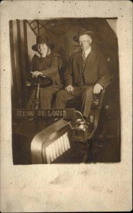 Prop Car Studio Portrait Man and Woman Seeing St Louis c1910 RPPC PC