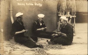 US Navy Sailors Splicing Rope? EXTRA DUTY c1915 WWI Era Real Photo Postcard