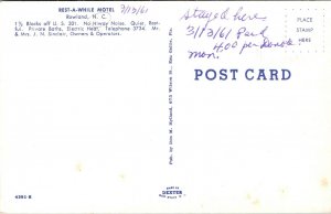 Postcard Rest-A-While Motel in Rowland, North Carolina~136321