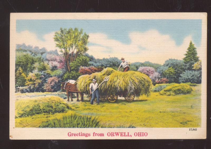 GREETINGS FROM ORWELL OHIO HAY FARMING WAGON VINTAGE POSTCARD